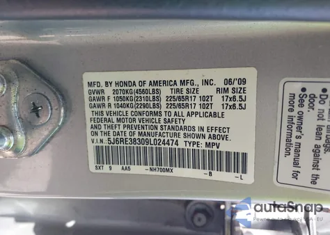 2009 Honda Cr-V Lx из США, поврежденный, VIN 5J6RE38309L024474